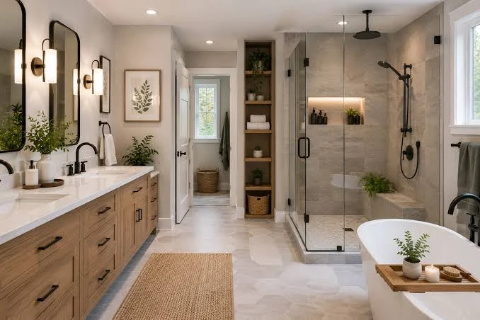 Warm contemporary bathroom with an oak double vanity, glass shower and freestanding bathtub
